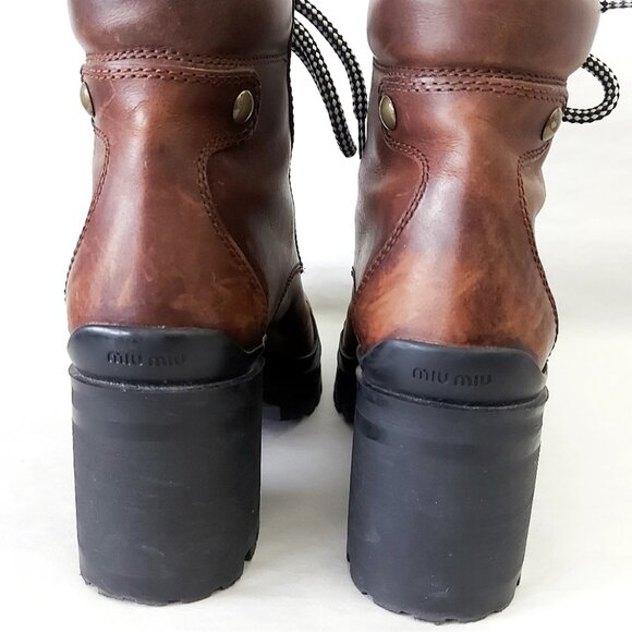 Miu Miu Lace-up Boots EU 37.5 Distressed Leather Block Chunky Heels Alpine Comba - Picture 11 of 15